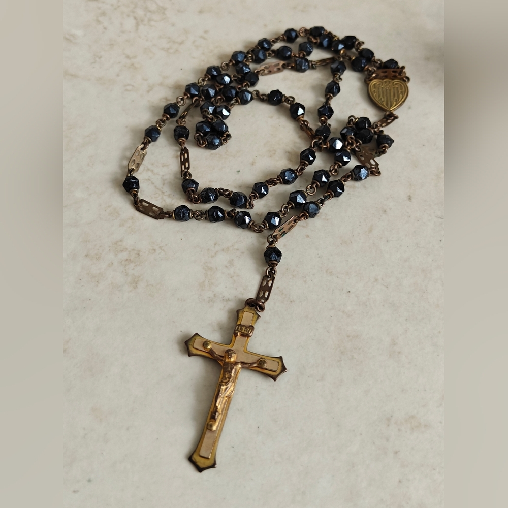 Vintage 40s Black Jet & Brass Rosary